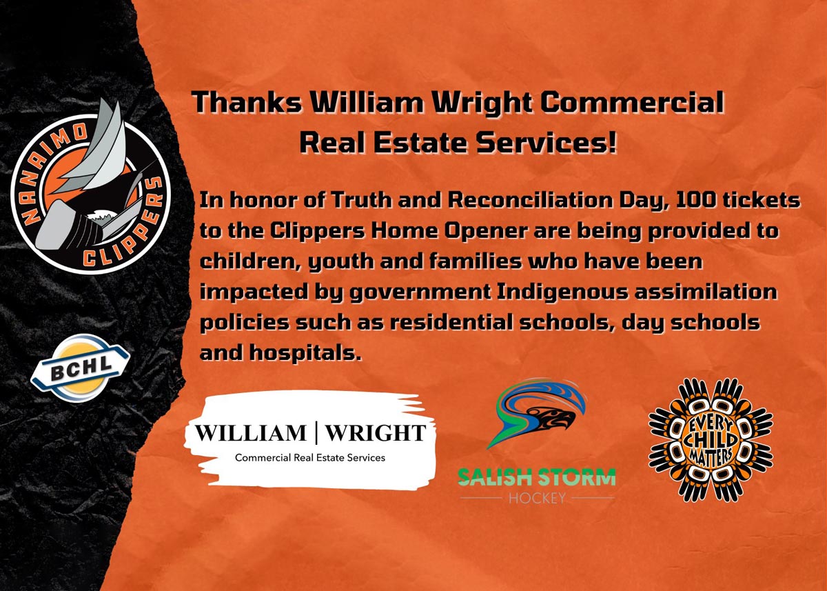 William Wright Commercial donates 100 tickets to the Nanaimo Clippers Home Opener in honour of Truth and Reconciliation Day