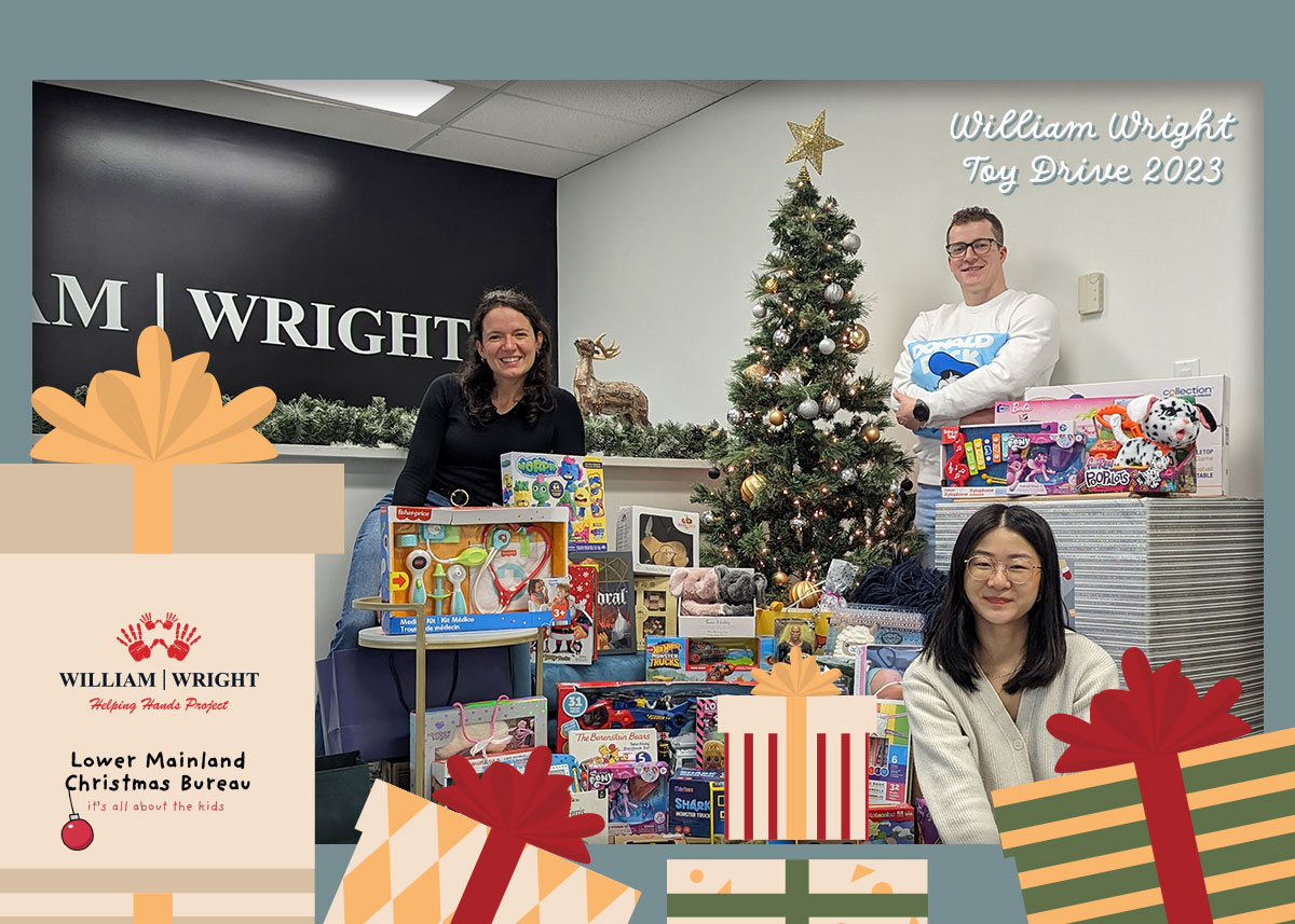 Natalia Marin, Roderick MacKay, and Danika Wong with donations for the William Wright Commercial Toy Drive 2023